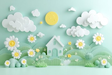 Naklejka premium Whimsical spring meadow scene with colorful daisies, puffy clouds, sun shining over a cozy house amidst green grass under bright sky