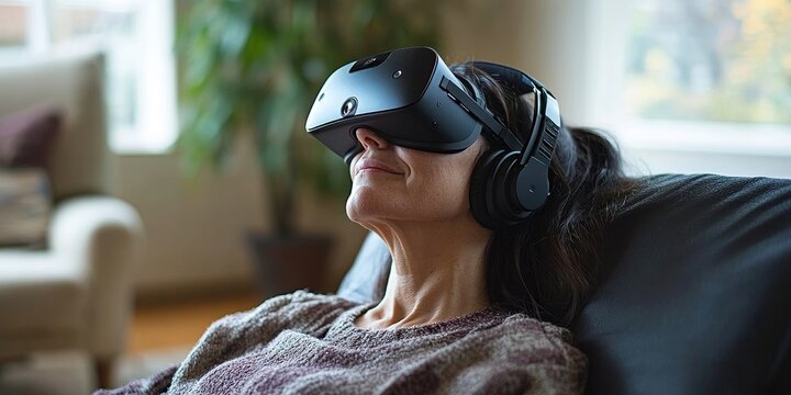 Person immersed in VR technology for therapeutic purposes like exposure therapy or stress relief exercises. Demonstrates VR's therapeutic applications, Generative AI