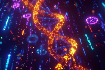 Glowing dna helix with digital elements in a futuristic neon style
