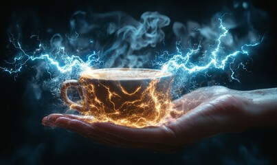Coffee Power Up hand holding a steaming cup of coffee with lightning bolts emanating from it, conveying the electrifying jolt of energy experienced after drinking a strong cup of, Generative AI