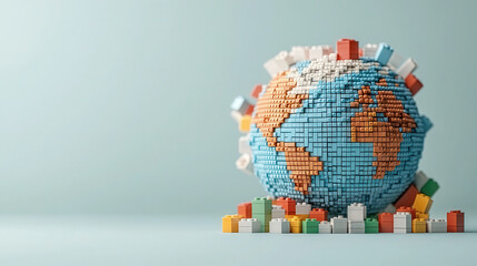 Artistic toy globe made of interlocking bricks, showcasing continents in vibrant colors. creative representation of Earth, perfect for educational purposes