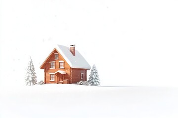 Fototapeta premium Isolated red brick house in a snowy field with frost covered trees under a white overcast winter sky, creating a serene and peaceful atmosphere
