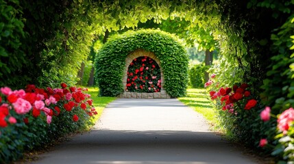 Obraz premium Garden Pathway Leads To Rose Archway
