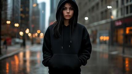 Mysterious Girl in a Black Hoodie on a Rainy City Street