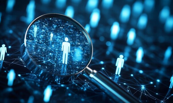 Magnifier glass of Human Resource Management focus on manager icon among staff icons, symbolic representation of human development, recruitment, leadership, and customer target group, Generative AI