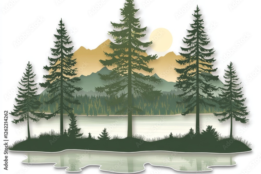 Poster evergreen forest with layered misty mountains under soft golden light, natural symmetry and timeless