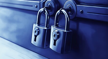 Naklejka premium Two shiny padlocks secured on a metallic surface in blue tones