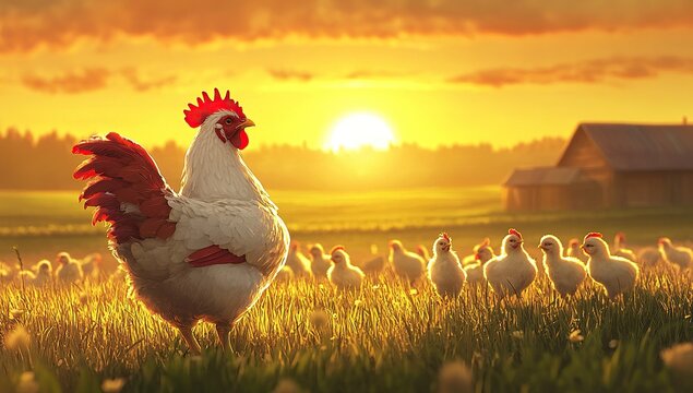 Majestic Rooster Leads Chicks at Sunrise in Golden Field, Peaceful Farm Scene