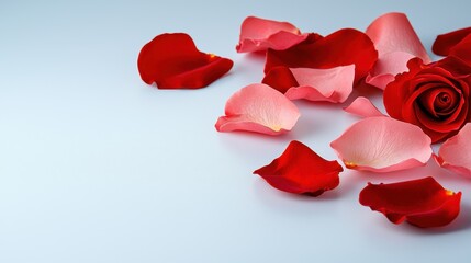 Fototapeta premium A single red rose with scattered pink and red petals