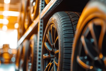 Fototapeta premium Close-up of stacked car tires on metal shelves in warehouse