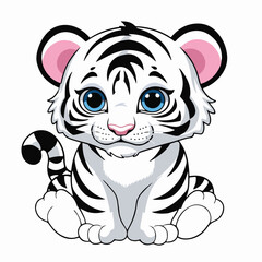 The Adorable Adventures of a Baby White Tiger: A Sweet Cartoon Cub with Big Blue Eyes and Pink Ears, Sitting Patiently with a Curly Tail and Fluffy Paws on a Bright White Background



