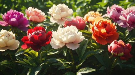 A garden full of flowers with a variety of colors including red, white