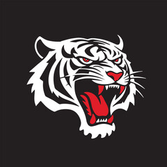 The Crimson-Eyed White Tiger's Roar: A Bold Illustration of Ferocity Against a Midnight Black Canvas, Highlighting the Striking Contrast of Ivory Fur and Fiery Accents



