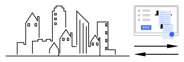 Cityscape outline with buildings emphasizes modern urban living. Nearby digital screen displays online payment. Ideal for fintech, e-commerce, smart cities, technology, urbanization, digital