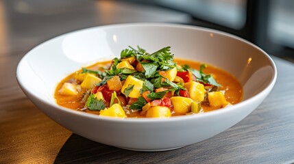 Delicious autumn vegetable stew with butternut squash and fresh herbs in a white bowl