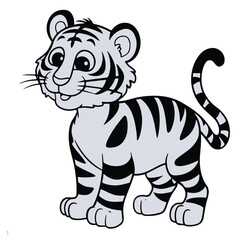 A cute cartoon tiger cub in a jungle, featuring a striped orange pattern, isolated in a wildlife safari setting, with a fun, baby character style perfect for a nature or zoo illustration
