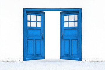 Bright blue double doors open into a stark, minimalist white space, creating a striking contrast and inviting curiosity about what lies beyond.