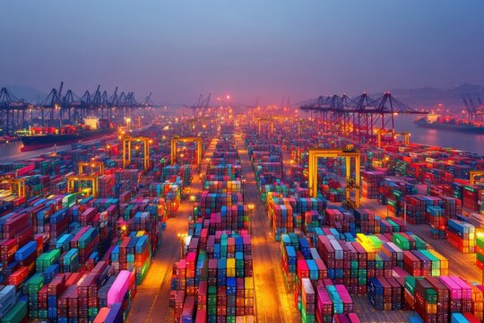 Aerial view of vibrant shipping container yard at dusk