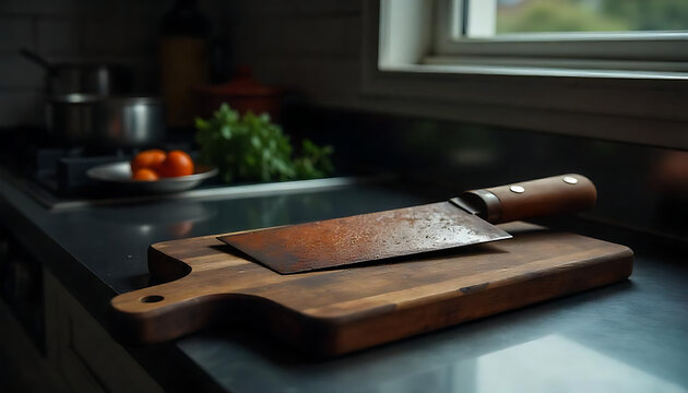 Retro Wooden-Handled Butcher Knife Resting on Rustic Cutting Board, Vintage Meat cleaver on dark wooden background, concept of kitchen utensils, cooking, created with generative ai