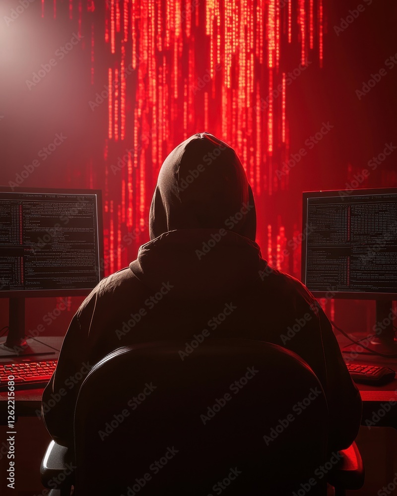 Poster a mysterious figure in a hoodie sits before dual screens, bathed in red light, immersed in a digital