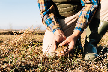 Farmer kneeling and examining soil in field during sunny day