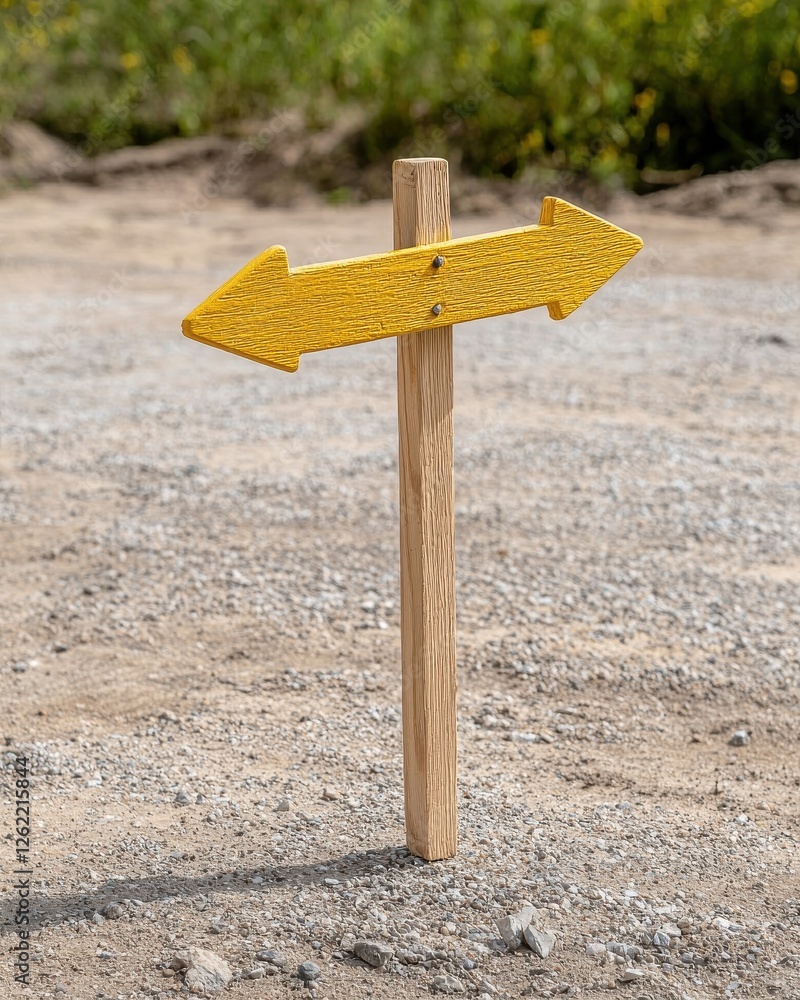 Poster a wooden signpost with yellow arrows pointing left and right, set on a gravel path surrounded by gre
