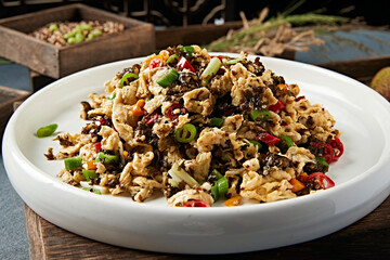 Fried Eggs with Rice Pepper, Garlic and Ground Vegetables
