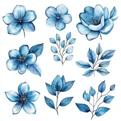 Fototapeta premium Elegant Blue Watercolor Flower and Leaf Set Perfect for Wedding Invitations Branding and Digital Design Projects