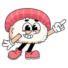 Retro sushi mascot logo, Tuna Sushi, Maguro sushi pointing with right hand