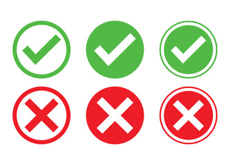 Check box tick mark icon set. Green tick ok and red X cross square vector illustration. Correct right wrong buttons or yes or no checkmark signs. Accepted, agreed, confirmed, incorrect, decline symbol