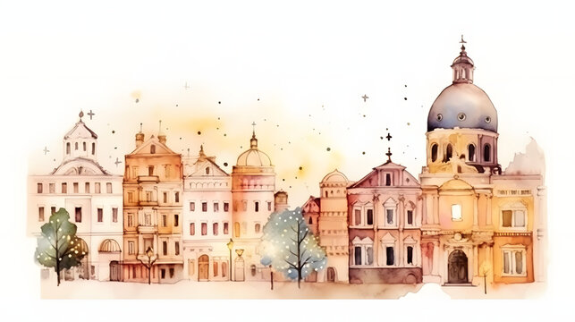 historic landmarks decorated for the holiday watercolor