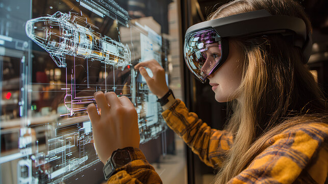 VR Innovation: A young woman wearing futuristic VR glasses interacts with a holographic interface, showcasing the immersive potential of virtual reality technology.