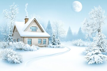 Snow covered cabin surrounded by winter wonderland with frosty trees, bright sunlight, and serene tranquility in atmospheric seasonal illustration