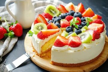 Delicious fruit cheesecake with fresh strawberry kiwi and blueberry on a wooden board