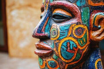 Colorful tribal african sculpture with intricate face paint design