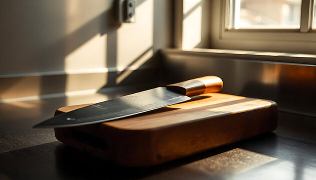 Retro Wooden-Handled Butcher Knife Resting on Rustic Cutting Board, Vintage Meat cleaver on dark wooden background, concept of kitchen utensils, cooking, created with generative ai - Powered by Adobe