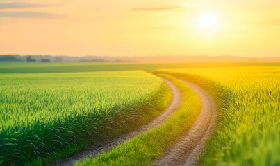 Fototapeta premium Serene sunset over a verdant field, a dirt road winding through golden hour light. Peaceful countryside landscape.