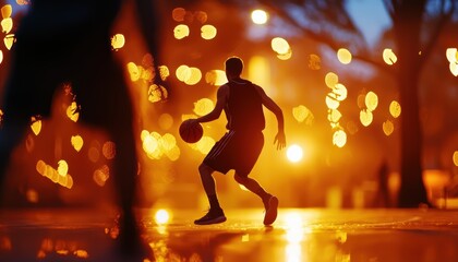 A silhouetted basketball player dribbles a ball against a backdrop of glowing lights during dusk, capturing a dynamic urban scene.