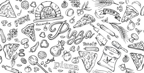  Pizza Background in Doodle Style. horizontal Hand drawn sketch . set vector illustration