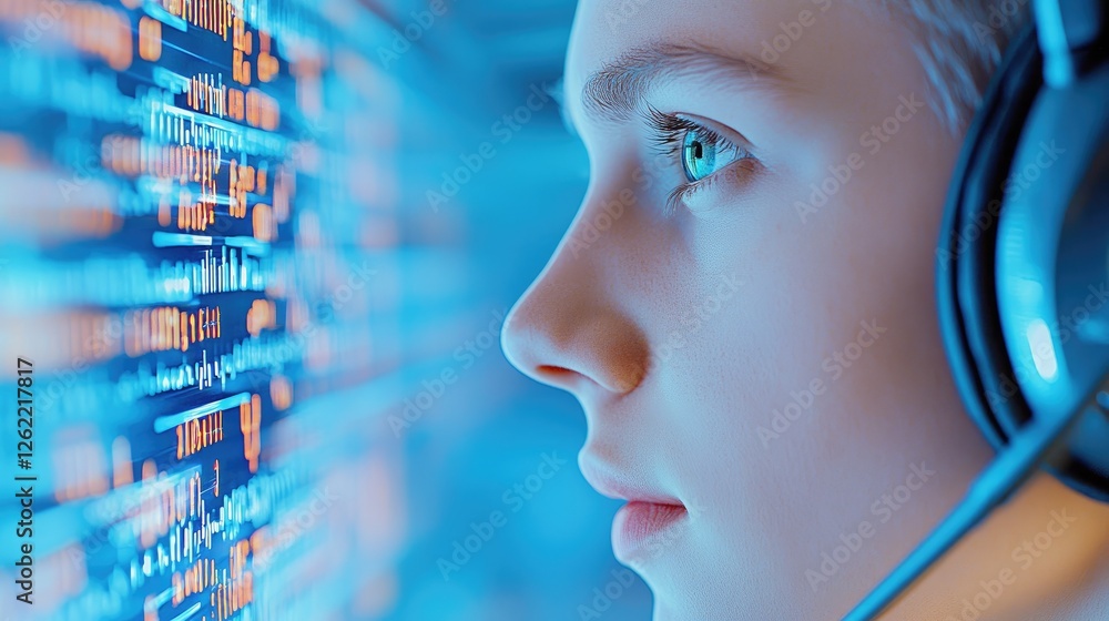 Poster young individual analyzing code in tech environment
