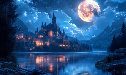 Fototapeta premium Enchanting Nighttime Castle with Reflective River and Glowing Full Moon under a Starry Sky, Generative AI