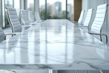 A polished marble meeting table with high-backed white chairs sits in a bright office, overlooking the skyline.