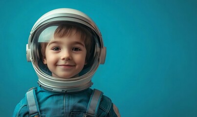 Little boy wearing an astronaut helmet dreams of becoming a rocket pilot spaceman in astronaut costume, Generative AI