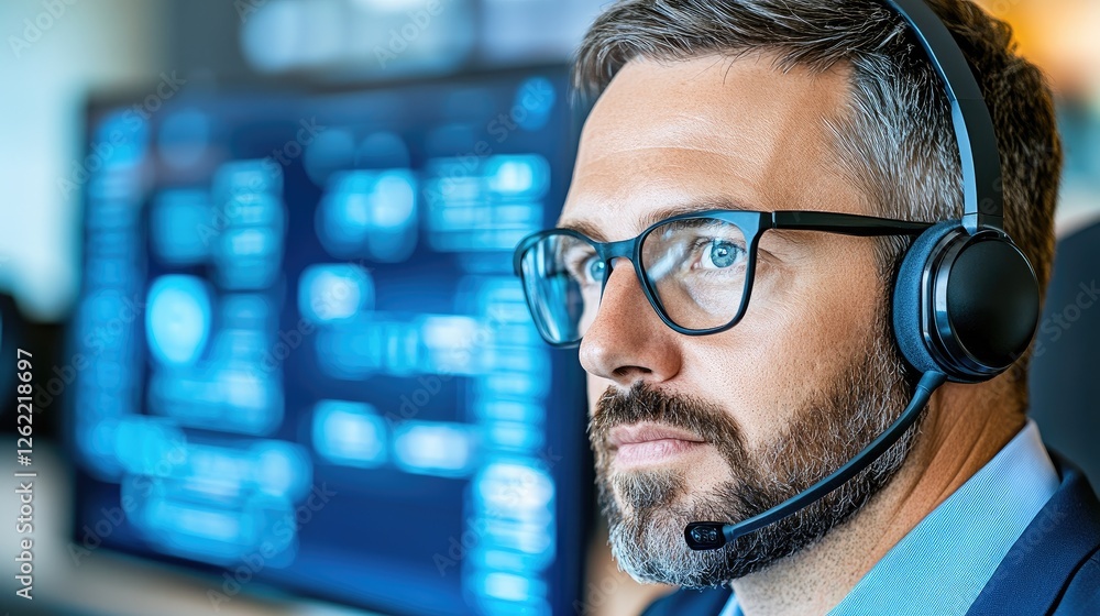 Poster mature professional analyzing data on multiple screens