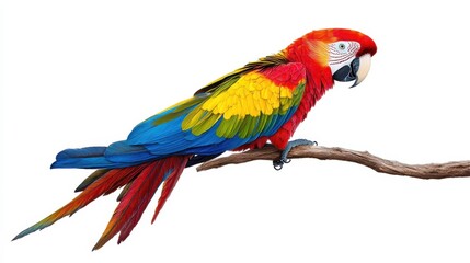 Fototapeta premium Colorful Scarlet Macaw Perched on Branch Against White Background