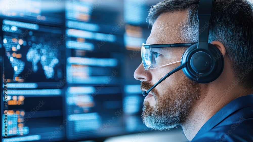 Poster focused analyst in front of complex data screens