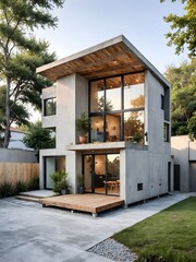 A modern house with a wooden deck in the backyard.
