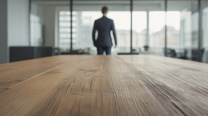 Businessman looking out office window, city view