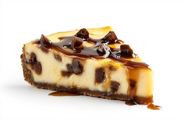 Tempting slice of cheesecake with rich caramel sauce and candied fruit on a white background