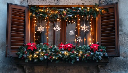 Festive Window Decor:  Christmas Lights, Poinsettias, and Snowflakes Adorn Window Box with Evergreen Garland.